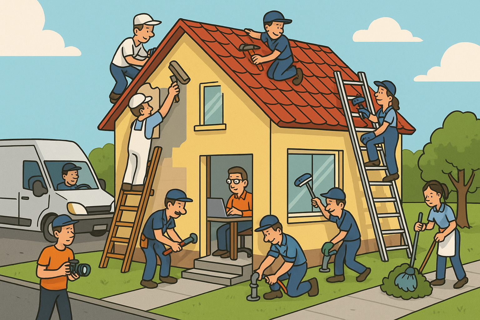 Illustratie van diverse dienstverleners die aan een huis werken